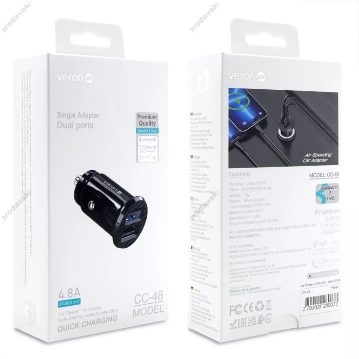Автомобільний зарядний пристрій Veron CC-48 4.8A Black
