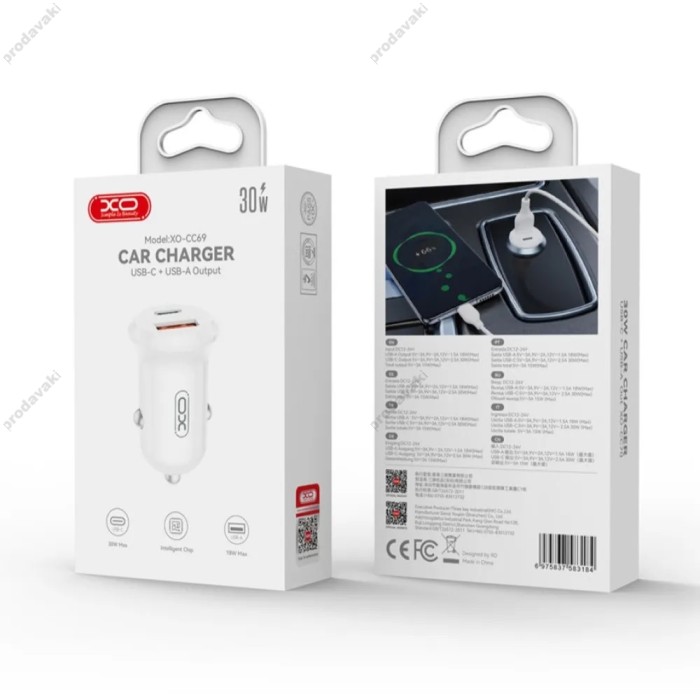 Автомобільний зарядний пристрій XO CC69 Mini Smart 30W White