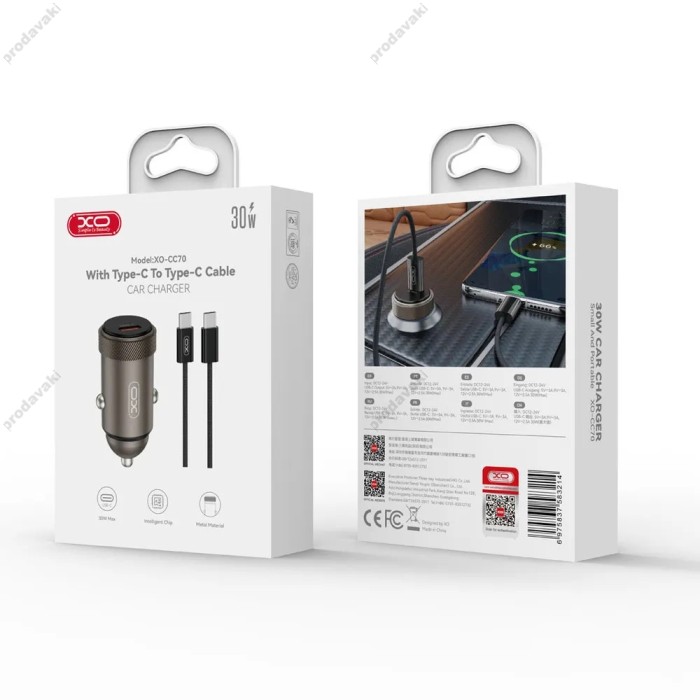 Автомобільний зарядний пристрій XO CC70 Mini metal Single Type-c cable 30W Black