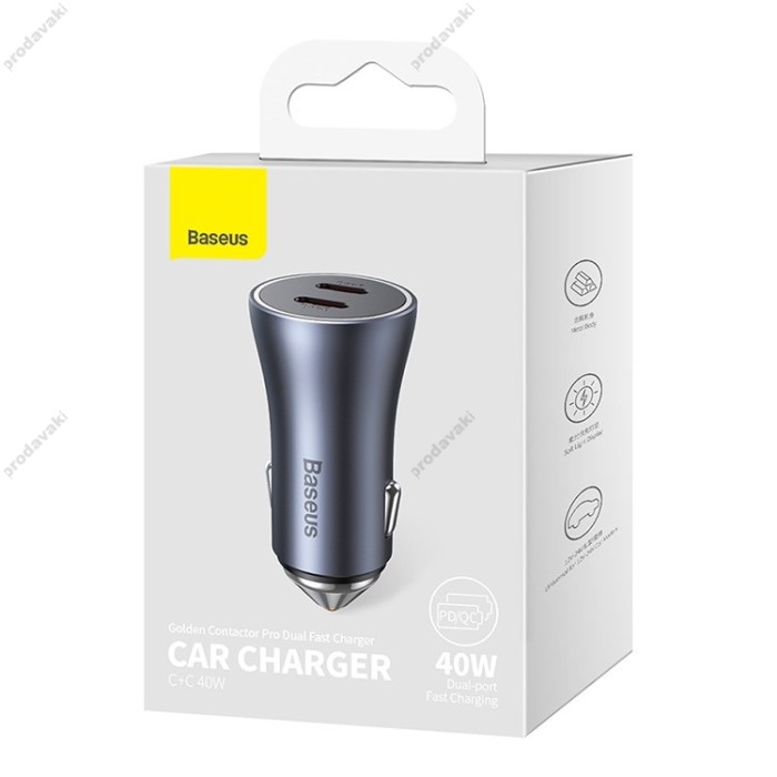 Автомобільний зарядний пристрій Baseus Golden Contactor Pro Dual Fast Charger C+C 40W Dark Grey CGJP000013