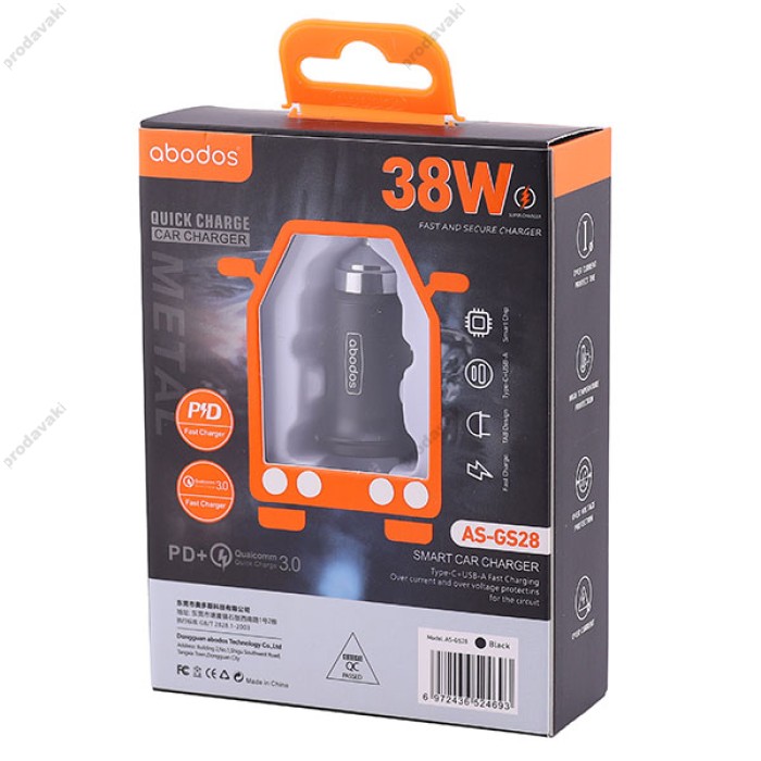 Автомобільний зарядний пристрій Abodos AS-GS28 Quick U+C 38W Black