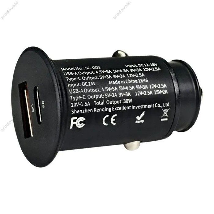Автомобільний зарядний пристрій Rock H15 Dual-port A+C PD 30W Black