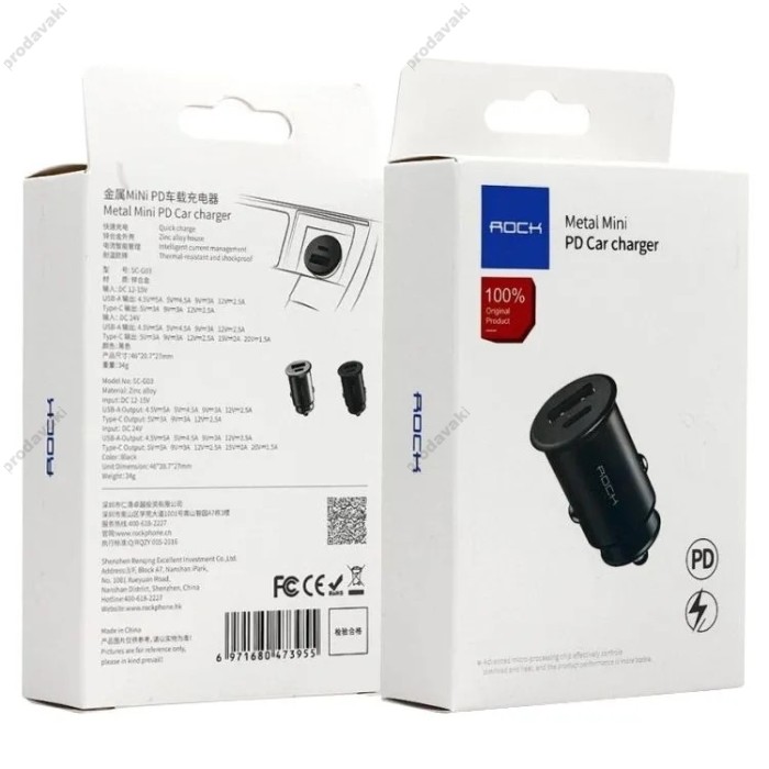 Автомобільний зарядний пристрій Rock H15 Dual-port A+C PD 30W Black