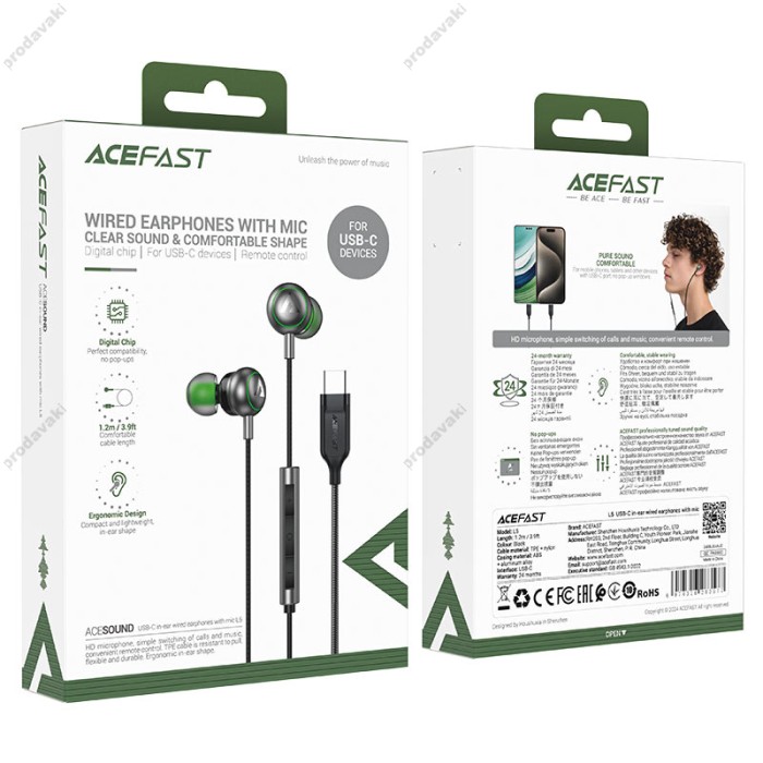 Дротові навушники ACEFAST L5 in-ear wired earphones with mic Type-C Black