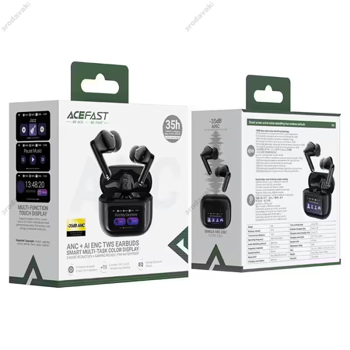Бездротові Bluetooth навушники ACEFAST W6 smart screen active noise cancelling true wireless earbuds BT 5.4 Black