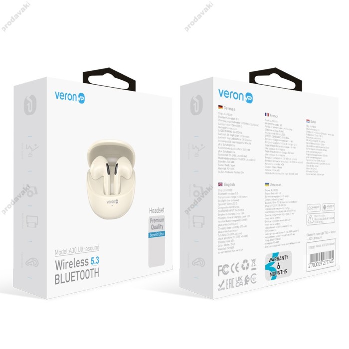 Бездротові Bluetooth навушники Veron A30 Ultrasound BT 5.3 Milky white