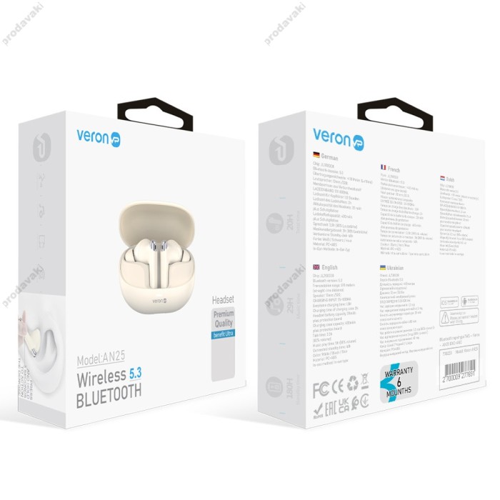 Бездротові Bluetooth навушники Veron AN25 ENC+ANC BT 5.3 Milky white