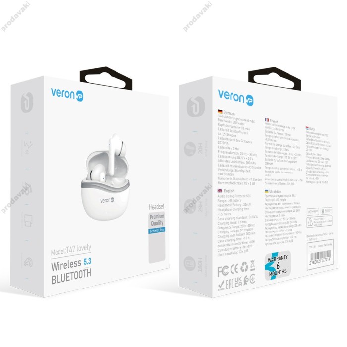 Бездротові Bluetooth навушники Veron T47 lovely BT 5.3 White