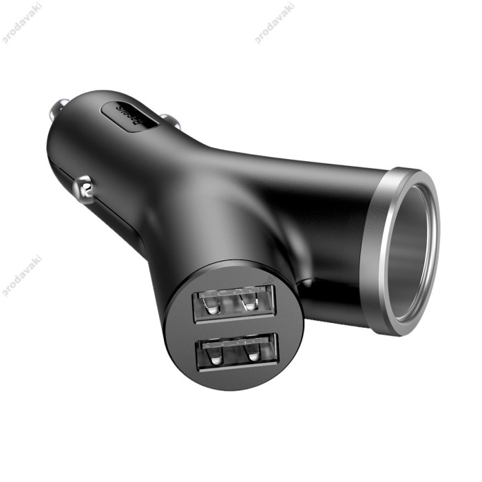 Автомобільний зарядний пристрій розгалужувач BASEUS Y-type Dual USB + Cigarete Lighter Black CCALL-YX01