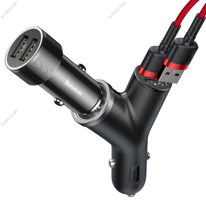 Автомобільний зарядний пристрій розгалужувач BASEUS Y-type Dual USB + Cigarete Lighter Black CCALL-YX01