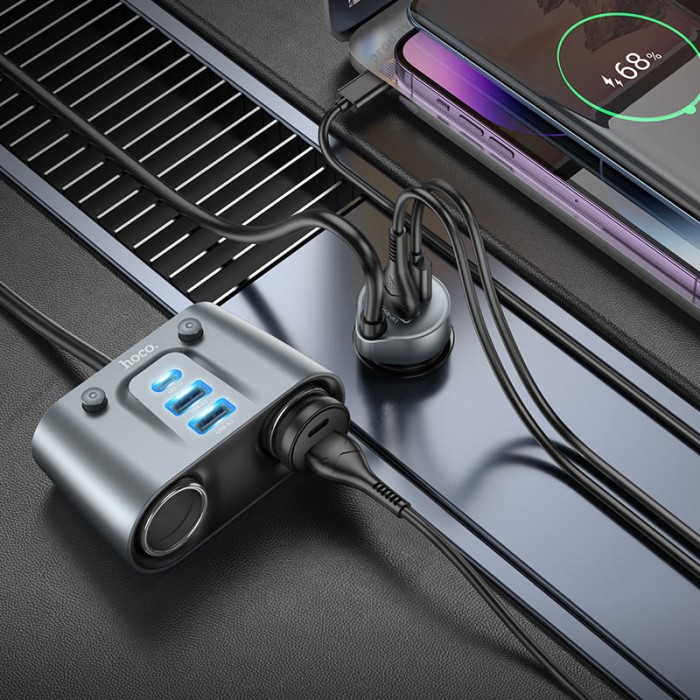 Автомобільний зарядний пристрій розгалужувач HOCO Z51 cigarette lighter Car charger 147W Metal gray