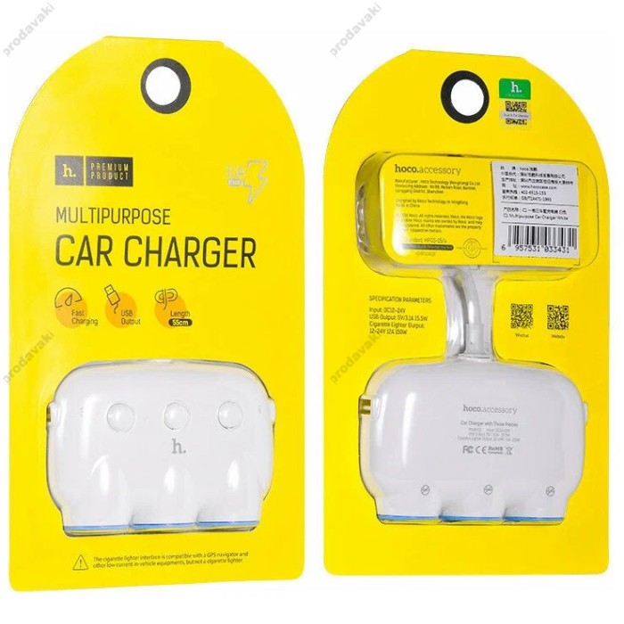 Автомобільний зарядний пристрій розгалужувач HOCO C1 dual USB triple cigarette 3in1 White