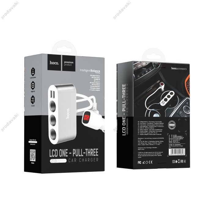 Автомобільний зарядний пристрій розгалужувач HOCO Z13 LED 3in1 12-24V 1-12A 2USB Silver