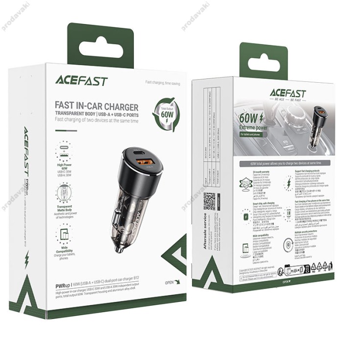 Автомобільний зарядний пристрій ACEFAST B12 PD dual port car charger 3A 60W Black