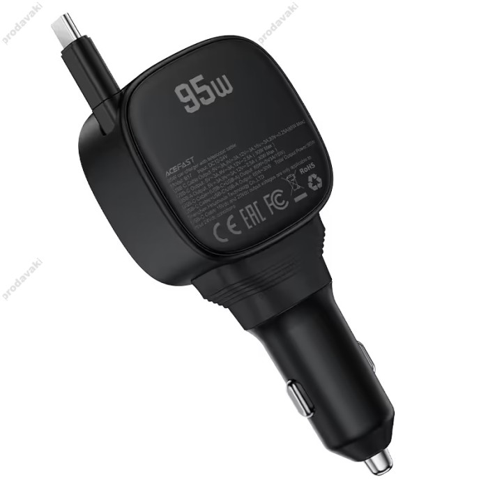 Автомобільний зарядний пристрій ACEFAST B17 car charger with telescopic cable 3A 95W Black