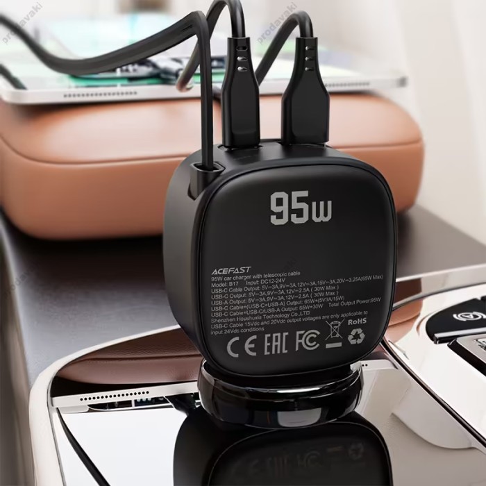 Автомобільний зарядний пристрій ACEFAST B17 car charger with telescopic cable 3A 95W Black