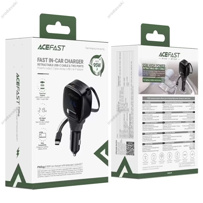 Автомобільний зарядний пристрій ACEFAST B17 car charger with telescopic cable 3A 95W Black