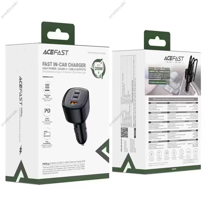 Автомобільний зарядний пристрій ACEFAST B18 (2USB-C+USB-A) fast car charger 3A 200W Black