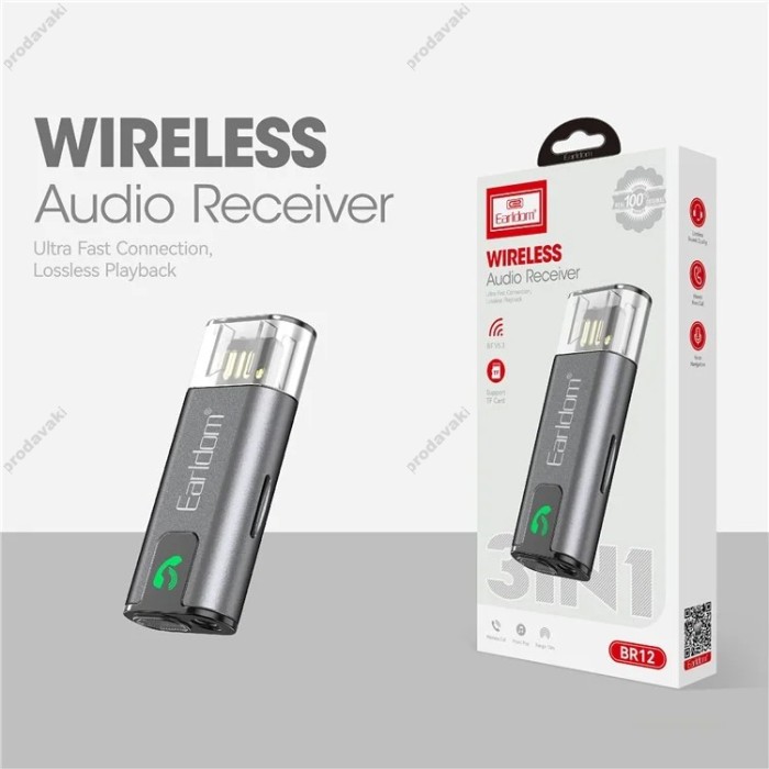 Автомобільний Bluetooth адаптер Earldom ET-BR12 BT5.3/USB/3,5mm/TF Card Black