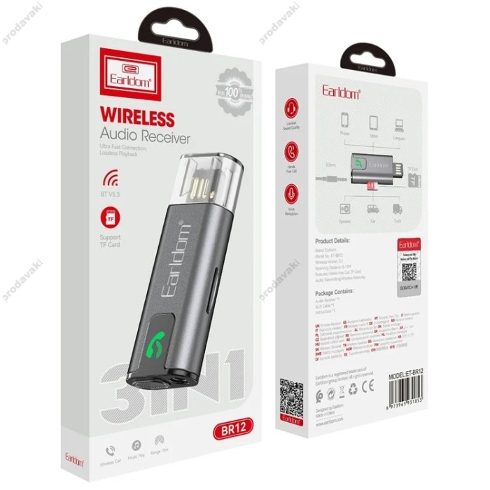 Автомобільний Bluetooth адаптер Earldom ET-BR12 BT5.3/USB/3,5mm/TF Card Black