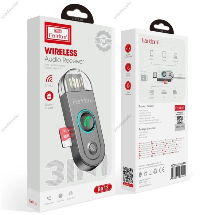 Автомобільний Bluetooth адаптер Earldom ET-BR13 BT5.3/USB/3,5mm/TF Card Black