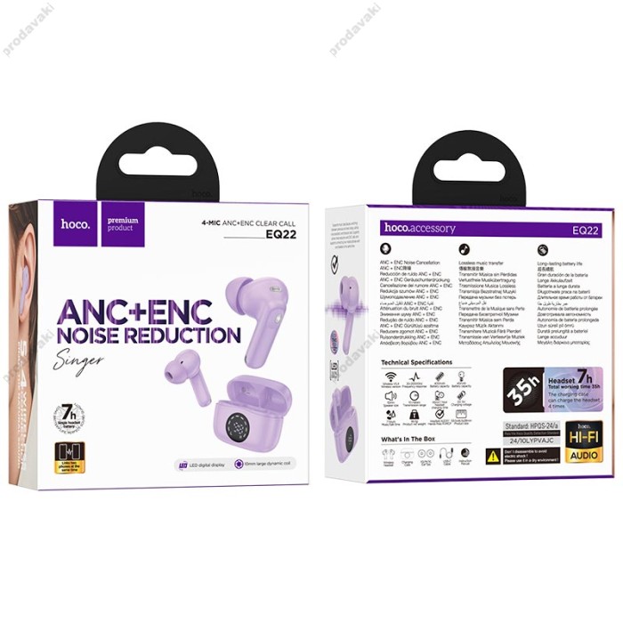 Бездротові Bluetooth навушники HOCO EQ22 singer true wireless ANC+ENC noise BT 5.4 Purple