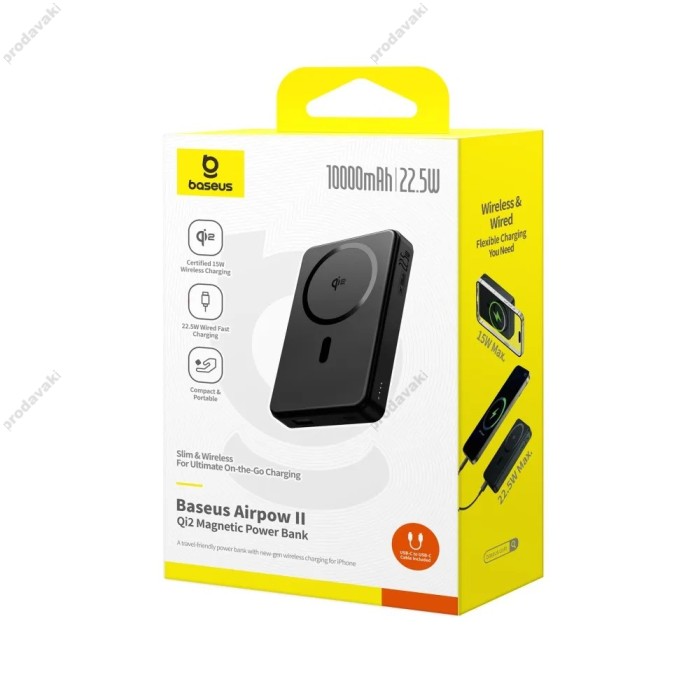 Повербанк портативний акумулятор Power bank Baseus Airpow Ⅱ Qi2 Magnetic 22.5W 10000 mAh Black P10080000123-00