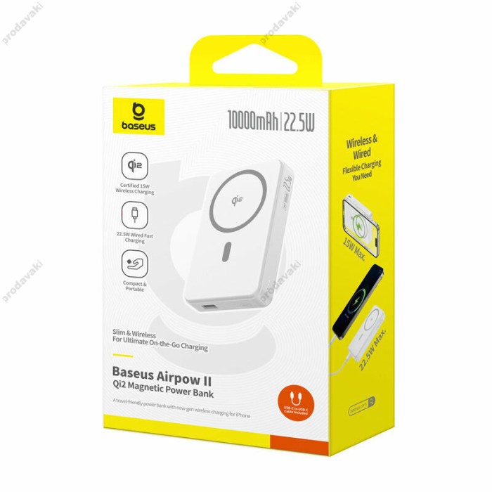 Повербанк портативний акумулятор Power Bank Baseus Airpow Ⅱ Qi2 Magnetic 22.5W 10000 mAh White P10080000213-00