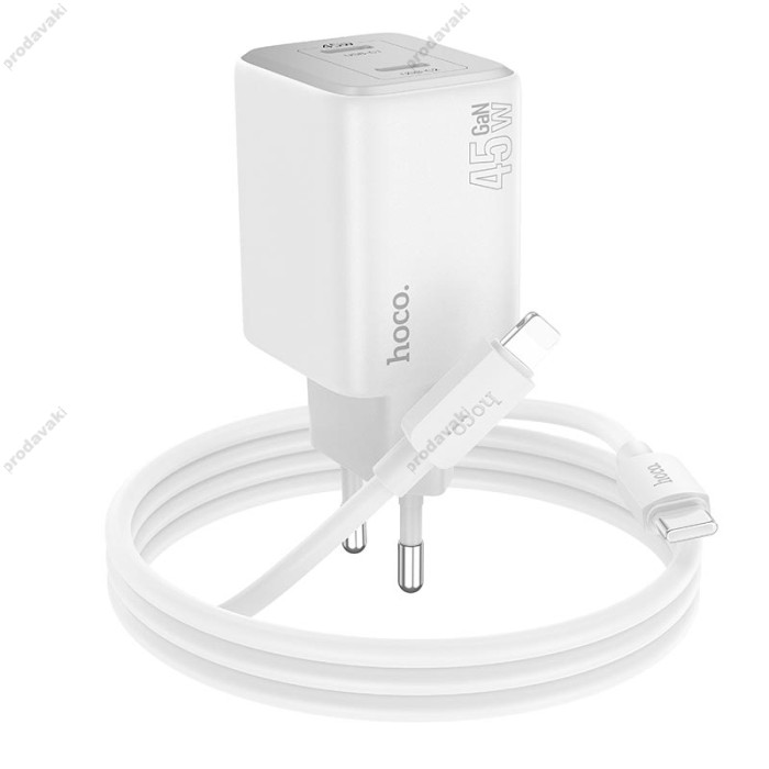 Мережевий зарядний пристрій Hoco N42 Elogiado dual-port charger Lightning cable 45W White