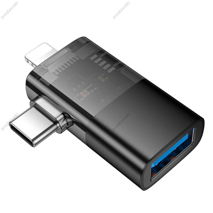 Перехідник HOCO UA36E iP Lightning male / Type-C male to USB female OTG 2-in-1 transparent adapter 480Mbps 2A Black