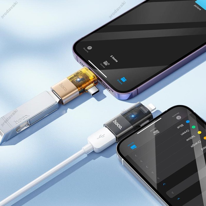 Перехідник HOCO UA36E iP Lightning male / Type-C male to USB female OTG 2-in-1 transparent adapter 480Mbps 2A Black