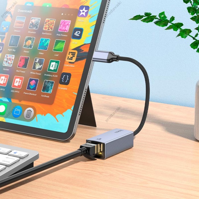 Мережевий адаптер Hoco UA37 ethernet adapter Type-C to RJ45 1000 Mbps 0.12m Grey