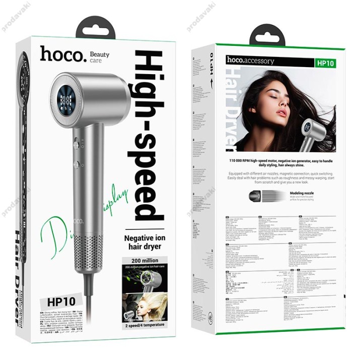 Фен Hoco HP10 high-speed negative ion hair dryer with digital display Grey