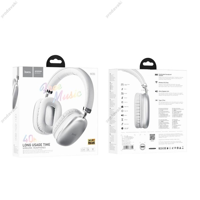 Бездротові Bluetooth навушники Hoco W35 бездротові headphones BT 5.3 Silver