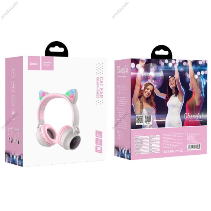 Бездротові Bluetooth навушники HOCO W27 Cheerful Cat ear Wireless headphones Pink-Grey