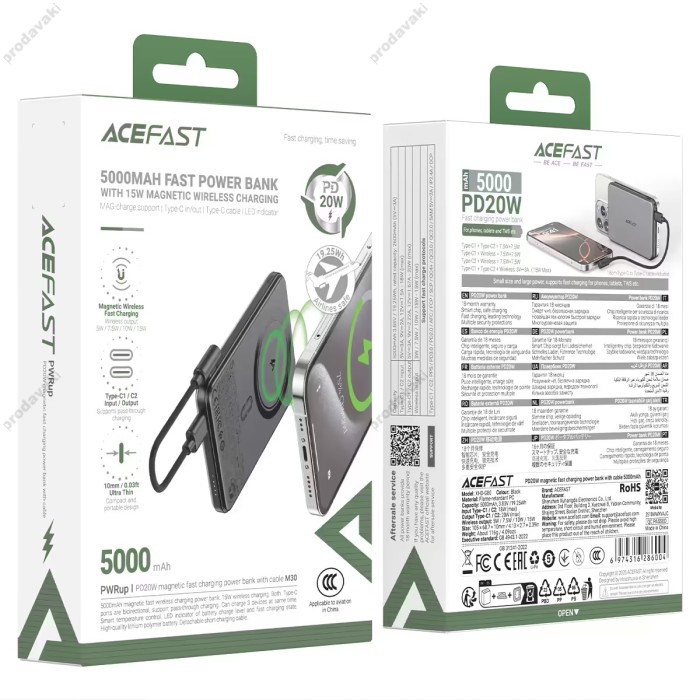 Повербанк портативний акумулятор Power bank Acefast M30 fast charging MagSafe магнітний 20W 5000 mAh Black