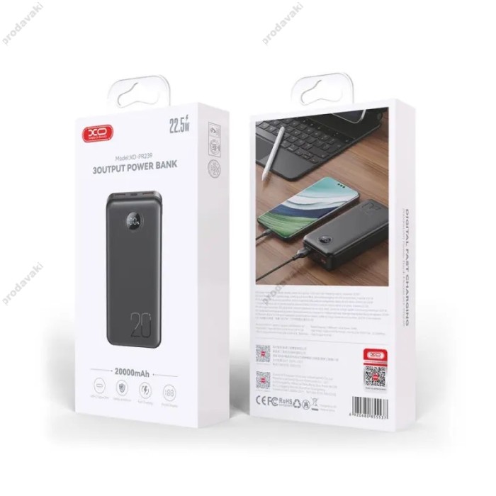 Повербанк портативний акумулятор Power bank XO PR239 fast charging 22.5W 20000 mAh Black