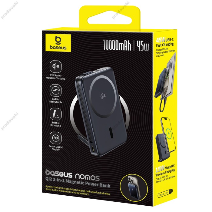 Повербанк портативний акумулятор Power bank Baseus Nomos Qi2 Kickstand Magnetic Type-C Cable 10000 mAh 45W Black P10078800123-00