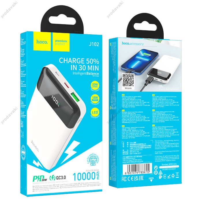 Повербанк портативний акумулятор Power bank Hoco J102 Cool figure PD 20W 10000 mAh White