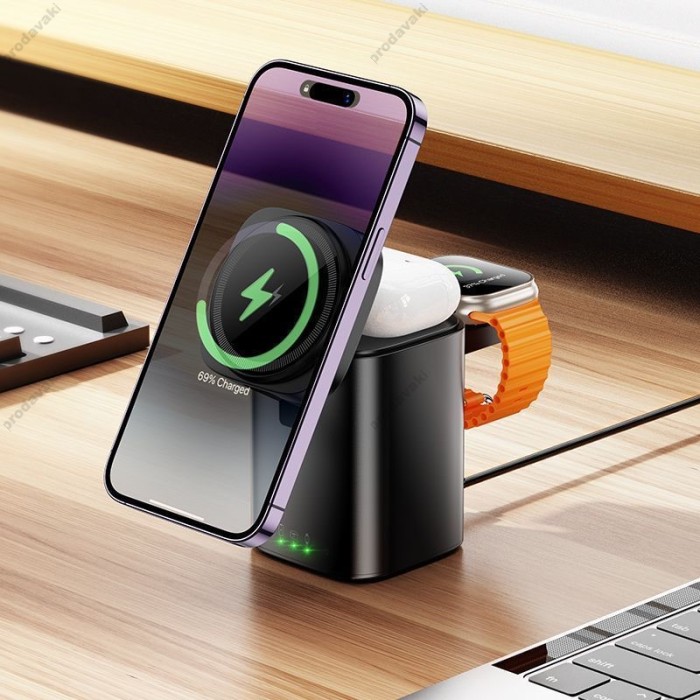 Бездротовий зарядний пристрій Hoco CQ20 Clever 3-in-1 desktop wireless fast charger Black