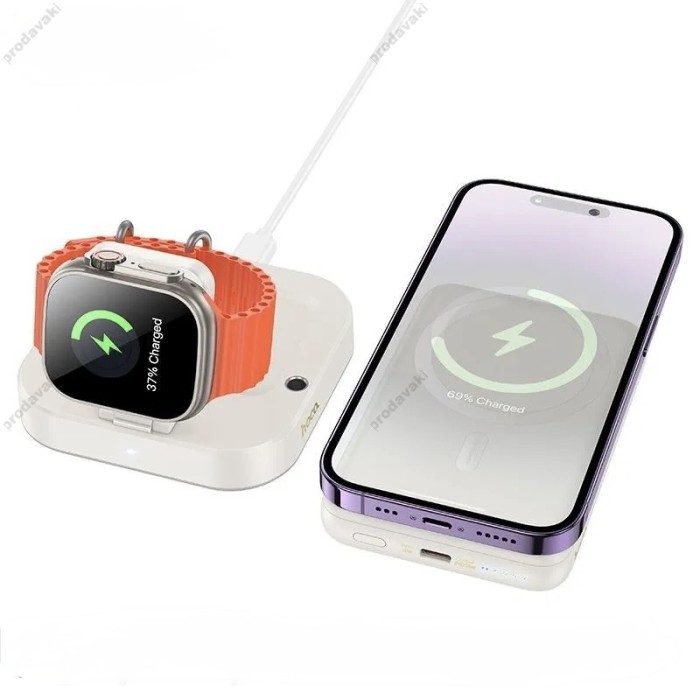 Бездротовий зарядний пристрій Hoco CQ16 Astute power bank charger+watch 10000mAh Milky White
