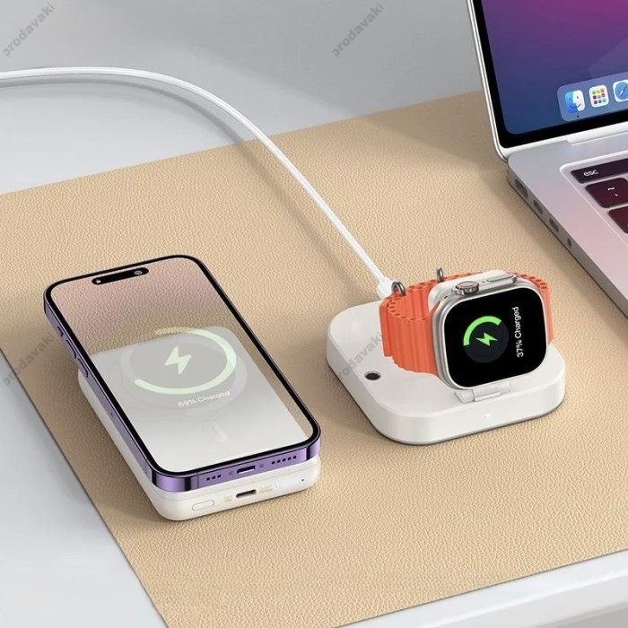 Бездротовий зарядний пристрій Hoco CQ16 Astute power bank charger+watch 10000mAh Milky White