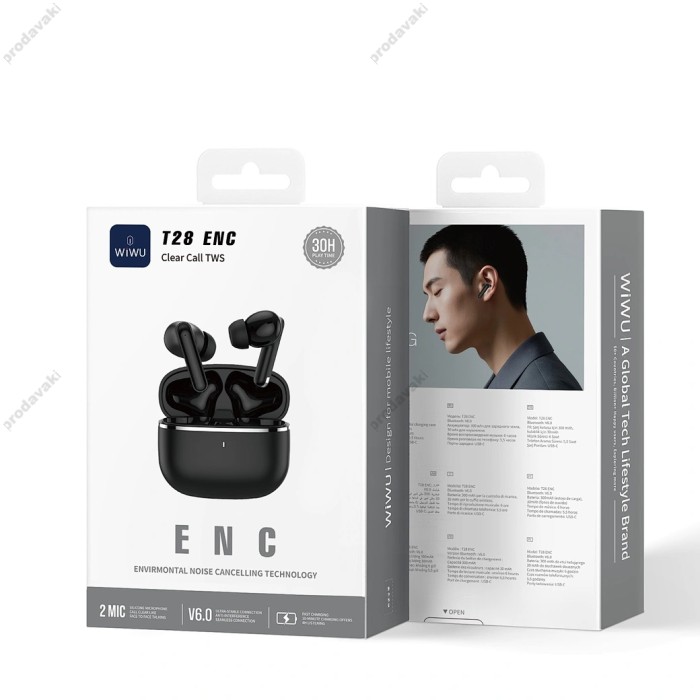 Бездротові Bluetooth навушники WiWU T28 ENC Dual Mic Noise Cancelling BT 6.0 Black