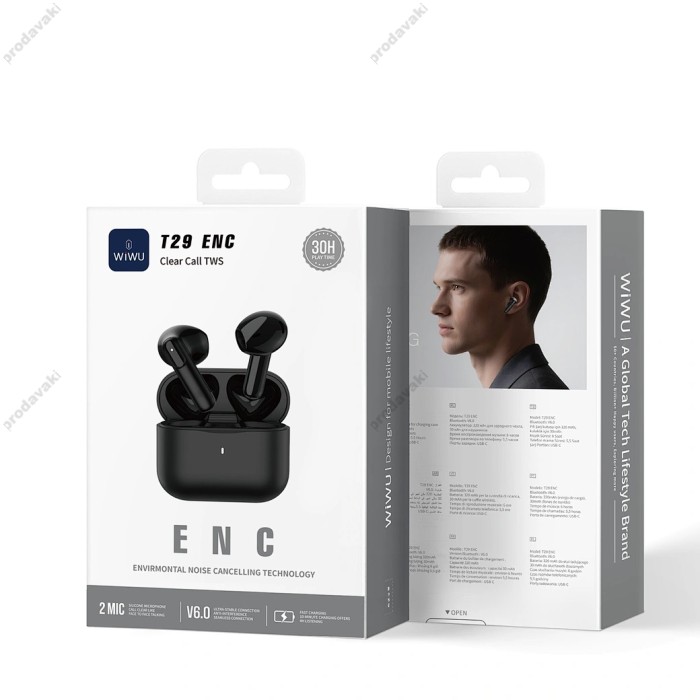 Бездротові Bluetooth навушники WiWU T29 ENC Clear Call TWS BT 6.0 Black