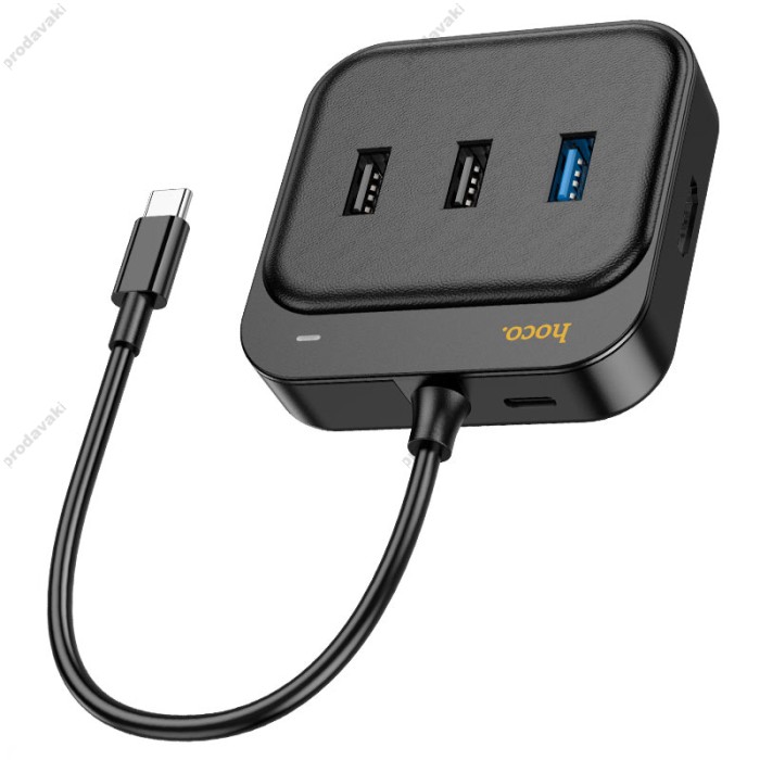 USB-Хаб HUB HOCO HB37 Easy link Multiport Adapter 6в1 Type-C to HDMI+RJ45+USB 3.0+2xUSB 2.0 PD Black