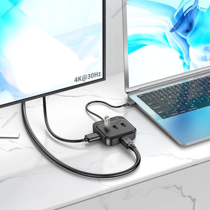 USB-Хаб HUB HOCO HB37 Easy link Multiport Adapter 6в1 Type-C to HDMI+RJ45+USB 3.0+2xUSB 2.0 PD Black