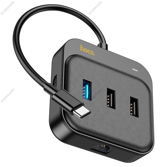 USB-Хаб HUB HOCO HB37 Easy link Multiport Adapter 6в1 Type-C to HDMI+RJ45+USB 3.0+2xUSB 2.0 PD Black