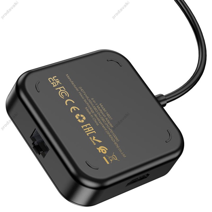 USB-Хаб HUB HOCO HB37 Easy link Multiport Adapter 6в1 Type-C to HDMI+RJ45+USB 3.0+2xUSB 2.0 PD Black