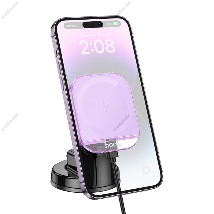 Автомобільний тримач із бездротовою зарядкою Hoco HW18 Crystal magnetic center console Purple