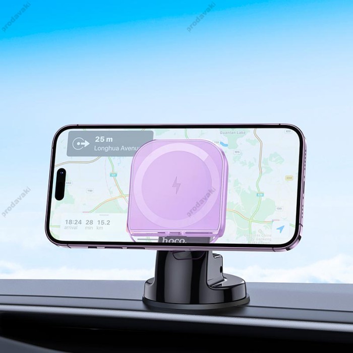 Автомобільний тримач із бездротовою зарядкою Hoco HW18 Crystal magnetic center console Purple